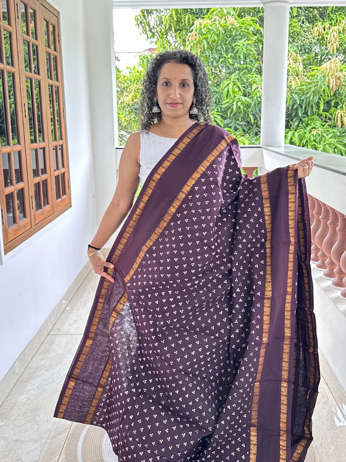 Dark Coffee Brown Wax Printed Madurai Sungudi Cotton Saree with Peacock Gap Border
